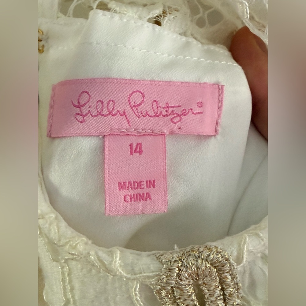 Lilly Pulitzer White Lace Sleeveless Mini Dress with Gold Trim Size 14 - Picture 3 of 4